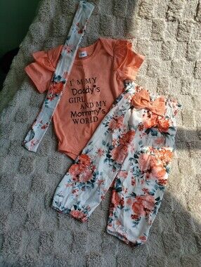 Peach Floral Baby Girl 3-Piece Outfit - Bodysuit, Pants & Headband - 6-9m